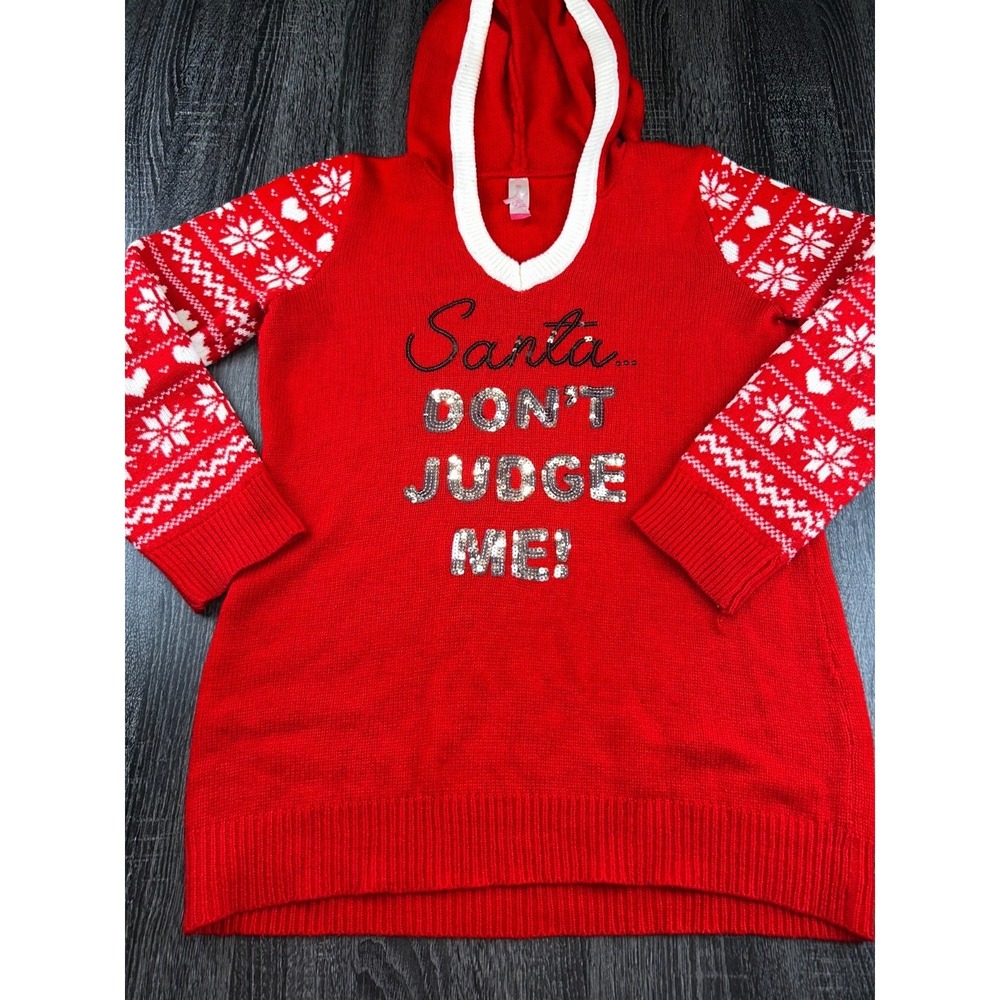 No Boundaries Santa Don't Judge Me Ugly Christmas Sweater Hoodie Red Large 11-13